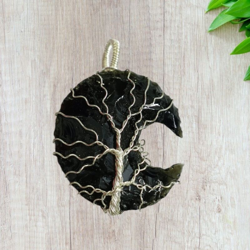 Obsidian Moon Wired Pendant for Protection