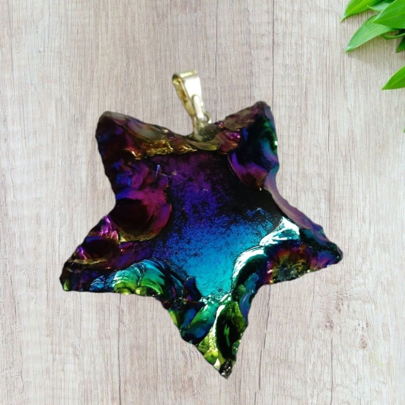 Obsidian with Titanium Quartz Coating Star Pendant for grounding energy