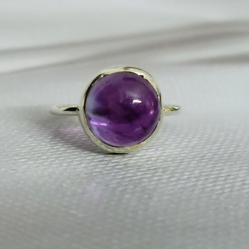Amethyst Round Silver Ring for Protection, Calming