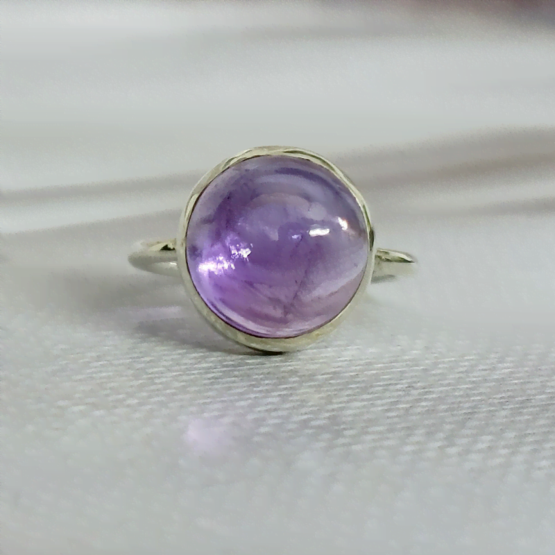 Natural Round Amethyst Silver Ring for Protection, Calming