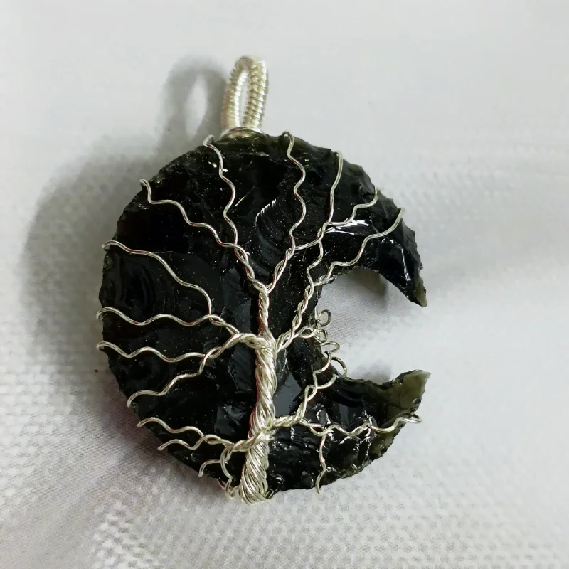 Obsidian Moon Wired Pendant for Protection