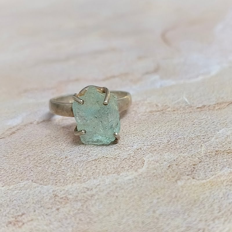 Raw Aquamarine Silver Ring for Calming, Mind healing