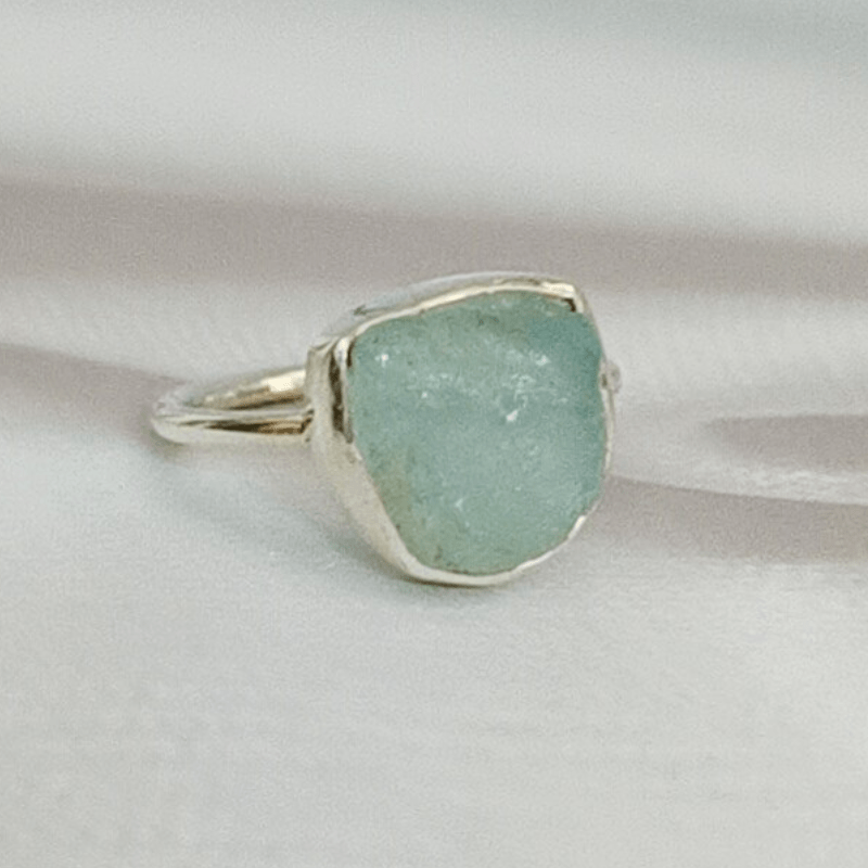 Raw Aquamarine Silver Ring for Calming, Mind healing