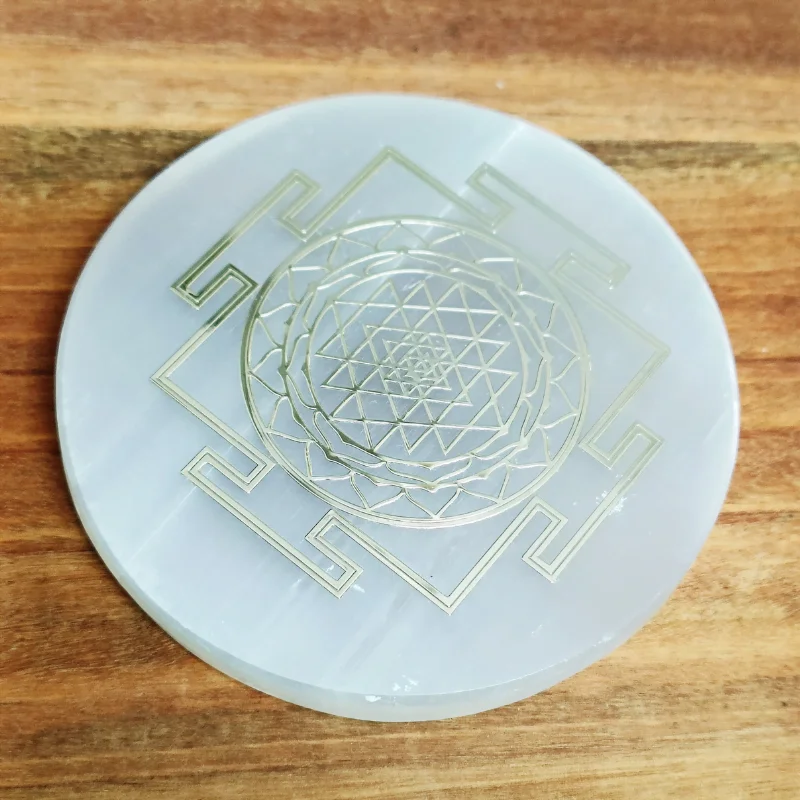 Selenite Shri Yantra Engraved Mini Selenite Plate for symbolic tool for spiritual practices, energy work, and meditation.