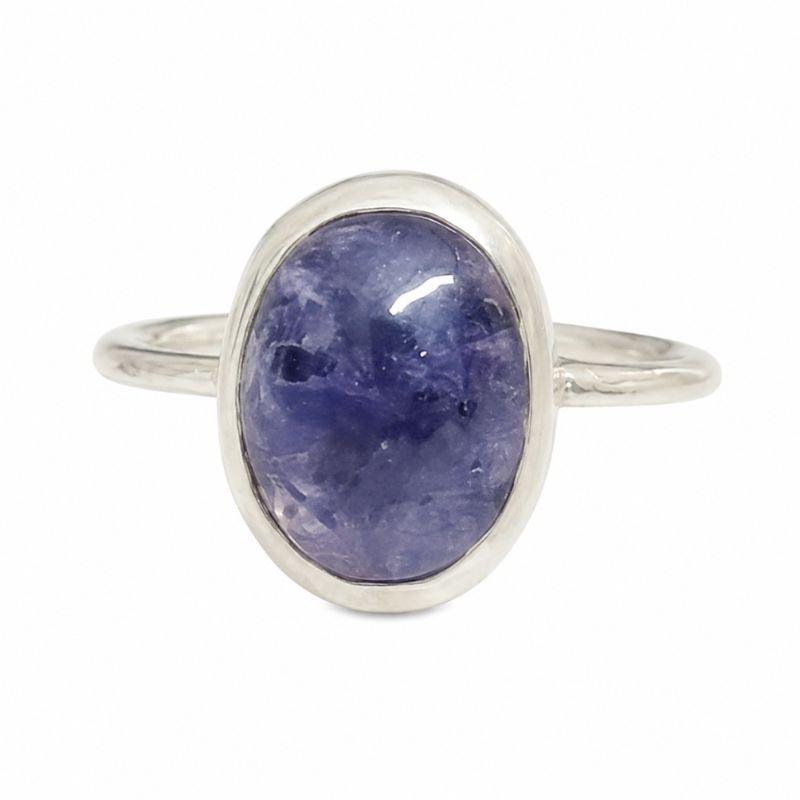 Tanzanite Oval Silver Ring with blue violet gemstone for intuition and elegant styling