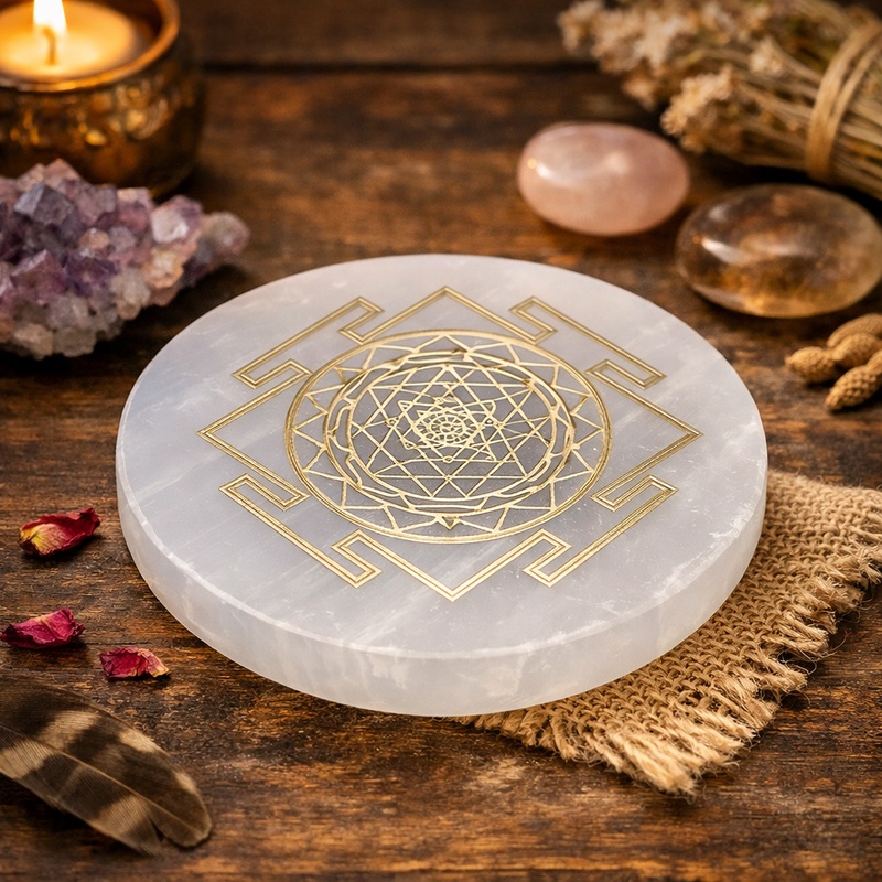selenite plate with shree yantra engraving in 3 inches