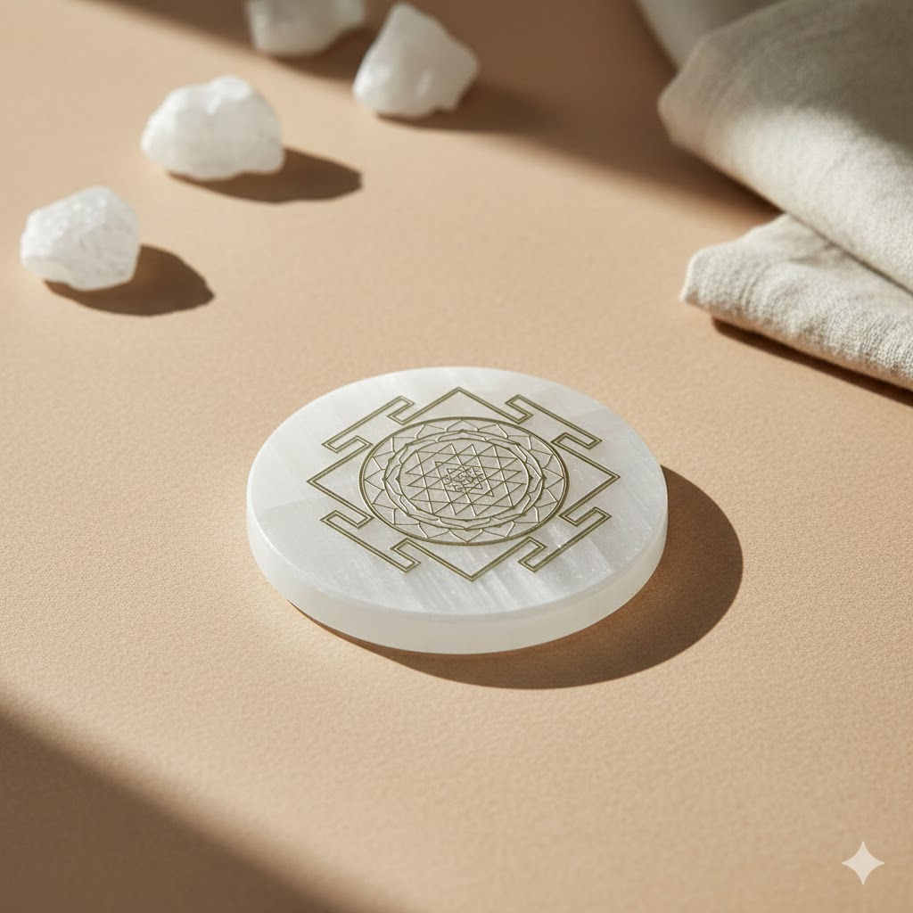 selenite plate with shree yantra engraving in 3 inches