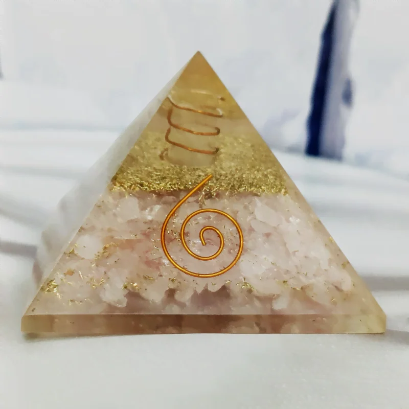 Resin Pyramid with Rose Quartz Chips for Love, Compassion, harmony