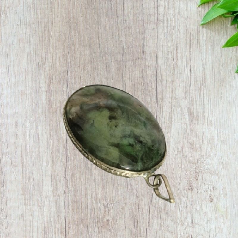 Moss Agate Oval Metal Pendant for New Beginnings, Transformation