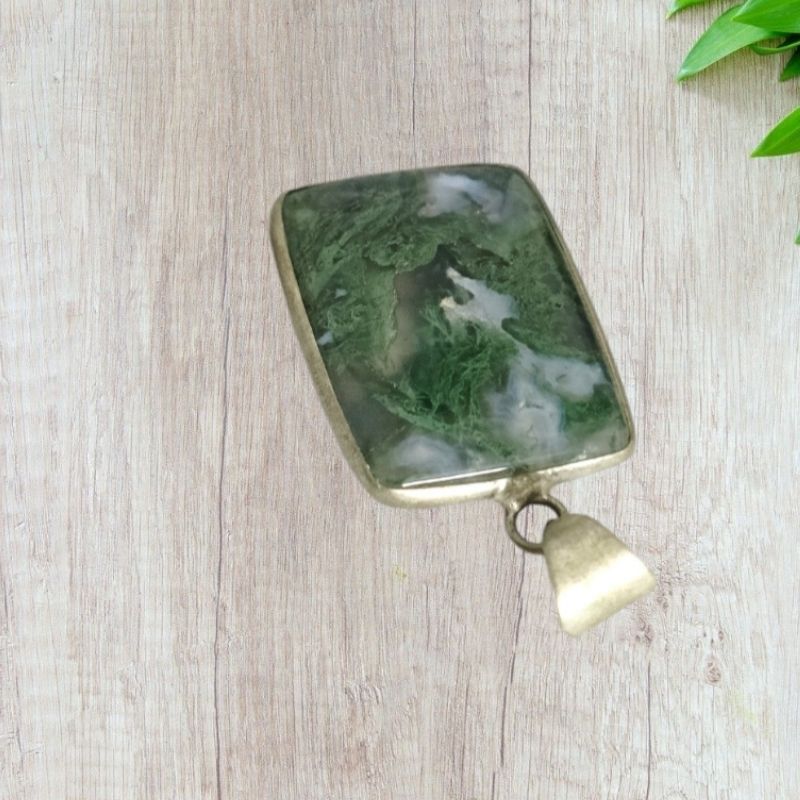 Moss Agate Square Metal Pendant for New Beginnings, Transformation