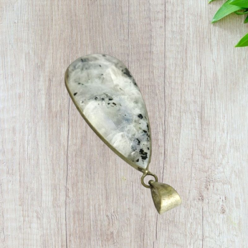 Rainbow Moonstone Leaf Metal Pendant for Calming, Intution, Balancing, New Beginnings