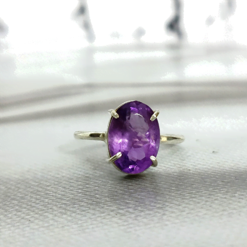 Amethyst Faceted Adjustable German Silver Ring for Protection, Calming