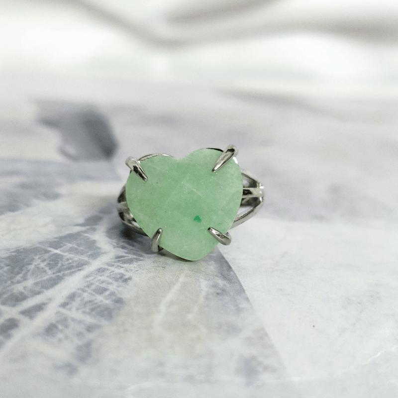 Jade Faceted Heart Adjustable Metal Ring for Good Luck, Love, Harmony