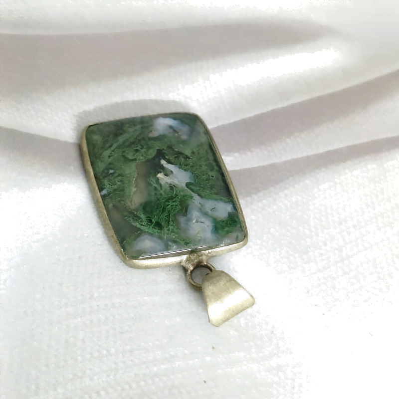 Moss Agate Square Metal Pendant for New Beginnings, Transformation