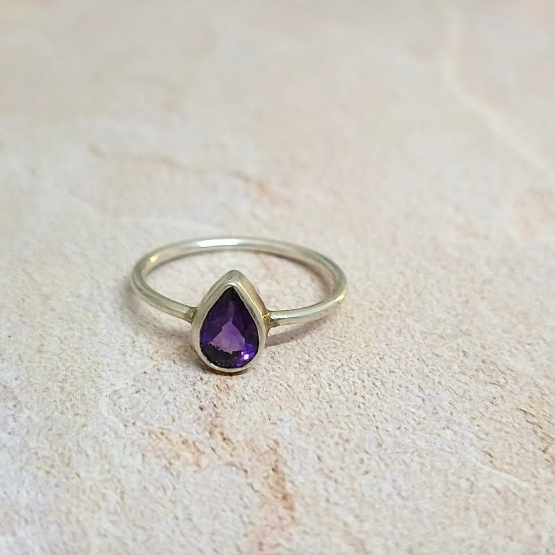 Amethyst Mini Drop Silver Ring for Protection, Calming