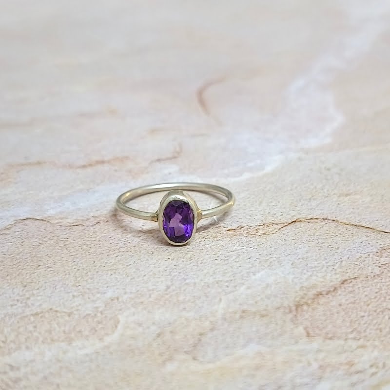 Amethyst Mini Oval Faceted Silver Ring for Protection, Calming