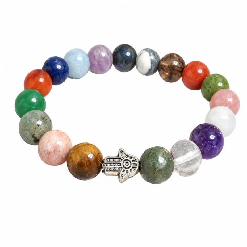7 Chakra 10MM Round Bead Bracelet with Hamsa Charm