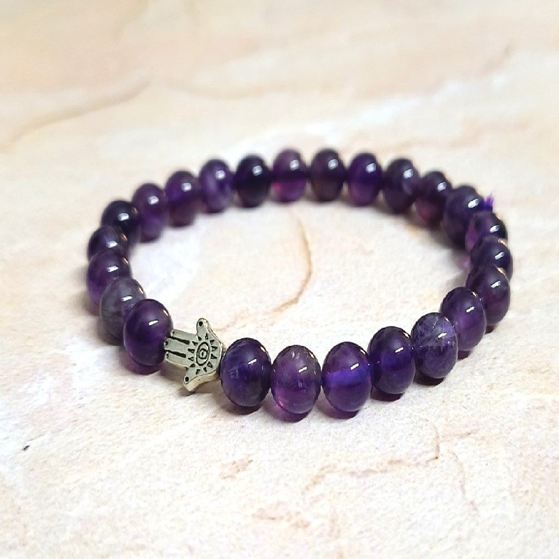 Amethyst 6MM Round Bead with Hamsa Charm Bracelet for Mind Healing, Focus, Concentration, Dispel Negativity, protection
