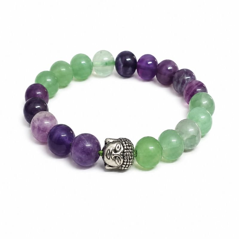 Amethyst Fluorite 10MM Round Bead with Buddha Charm Bracelet for healing, peace and protection