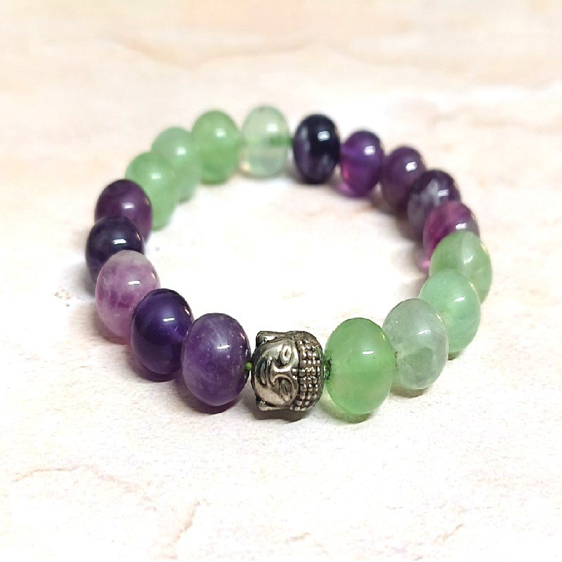 Amethyst Fluorite 10MM Round Bead with Buddha Charm Bracelet for Mind Healing, Focus, Concentration, Dispel Negativity, protection