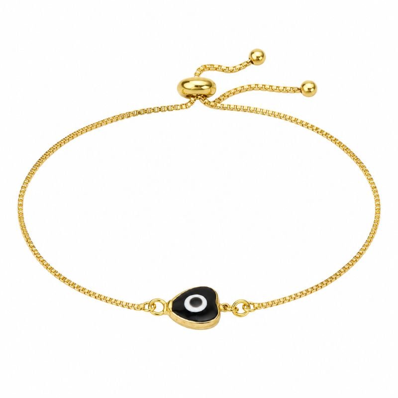 Black Heart Evil Eye Chain Bracelet featuring a black heart-shaped evil eye charm on a gold-tone chain bracelet symbolizing protection, love, positivity, emotional balance, and spiritual well-being.