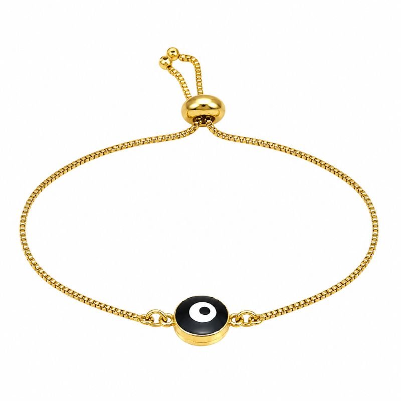 Black Round Evil Eye Chain Bracelet featuring a black evil eye charm on a gold-tone chain bracelet symbolizing protection, strength, positive energy, and spiritual well-being.