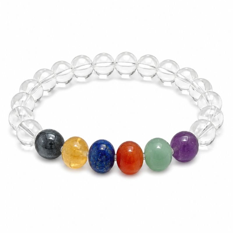 Clear Quartz 8MM Round Bead with 7 Chakra Bracelet featuring polished clear quartz beads and seven chakra gemstones including hematite, citrine, lapis lazuli, carnelian, green aventurine, and amethyst for chakra balancing and energy healing.