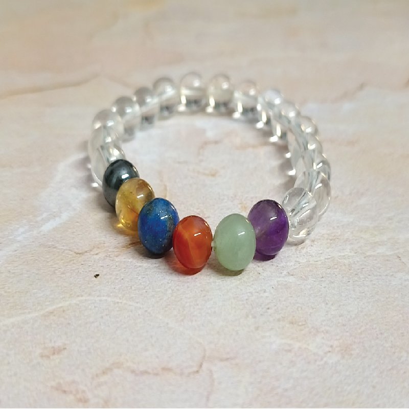 Clear Quartz 8MM Round Bead with 7 Chakra Bracelet for Healing, Cleansing, Manifesting, Chakra Balance