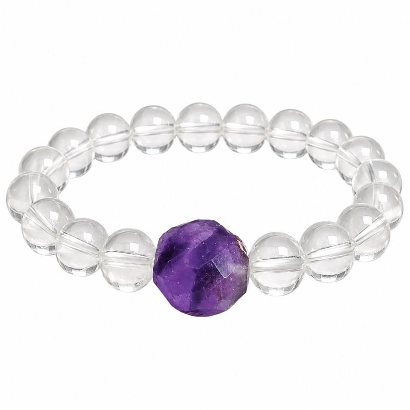 Clear Quartz Amethyst 8MM Bracelet featuring polished clear quartz gemstone beads with a faceted amethyst centerpiece for clarity, spiritual growth, intuition, and positive energy.