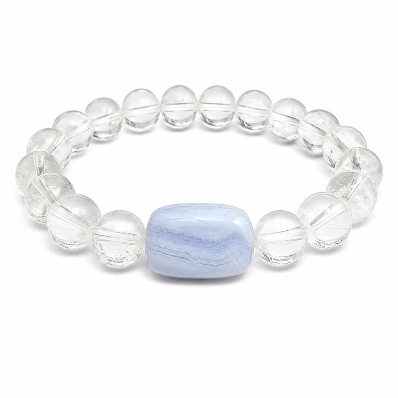 Clear Quartz 8MM Round Bead Bracelet featuring a Blue Lace Agate tumble stone centerpiece for clarity, calm communication, emotional balance, and positive energy.