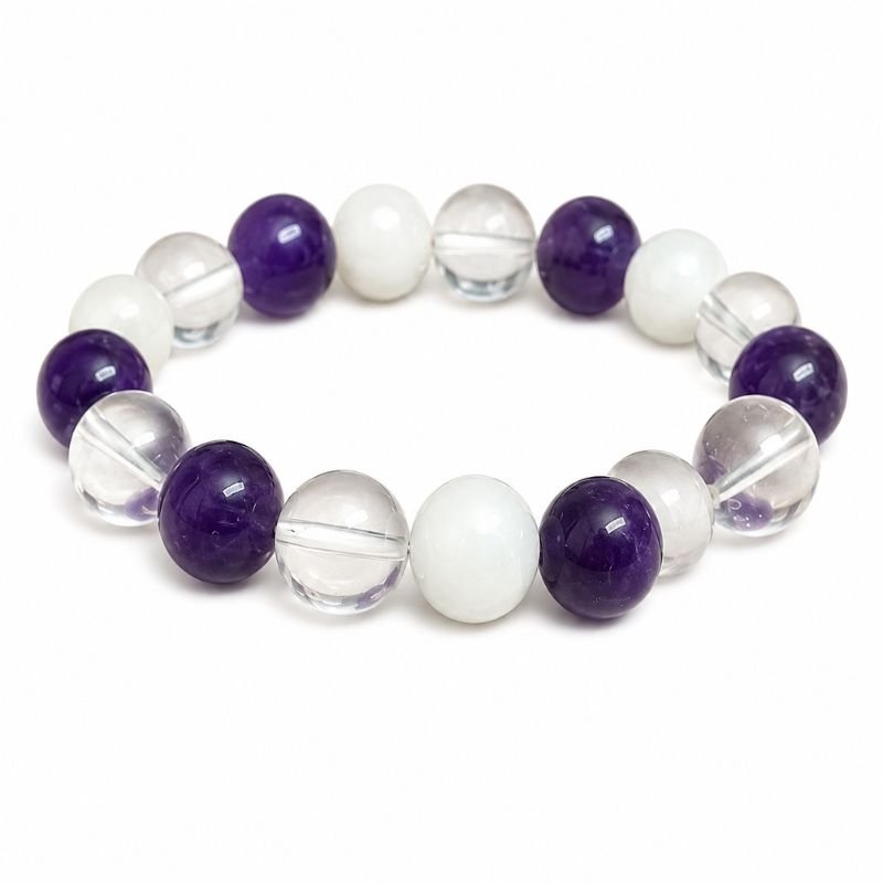 Crown Chakra 10MM Multistone Bracelet featuring Amethyst, Selenite, and Clear Quartz beads for spiritual connection, clarity, mindfulness, and inner peace.