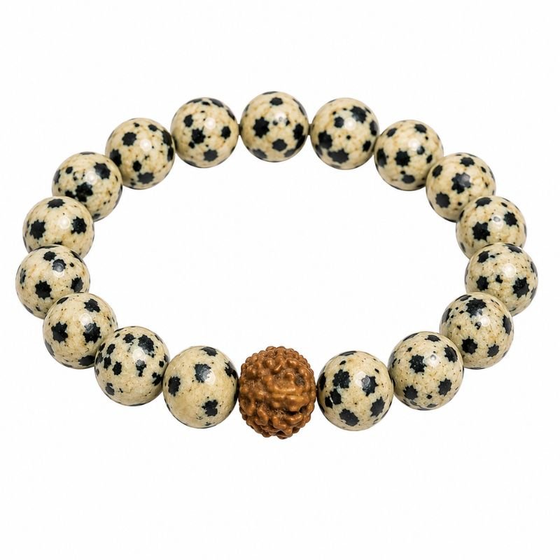 Dalmatian Jasper 10MM Bracelet with natural Rudraksha bead featuring spotted gemstone beads for grounding, positivity, protection, and spiritual growth.