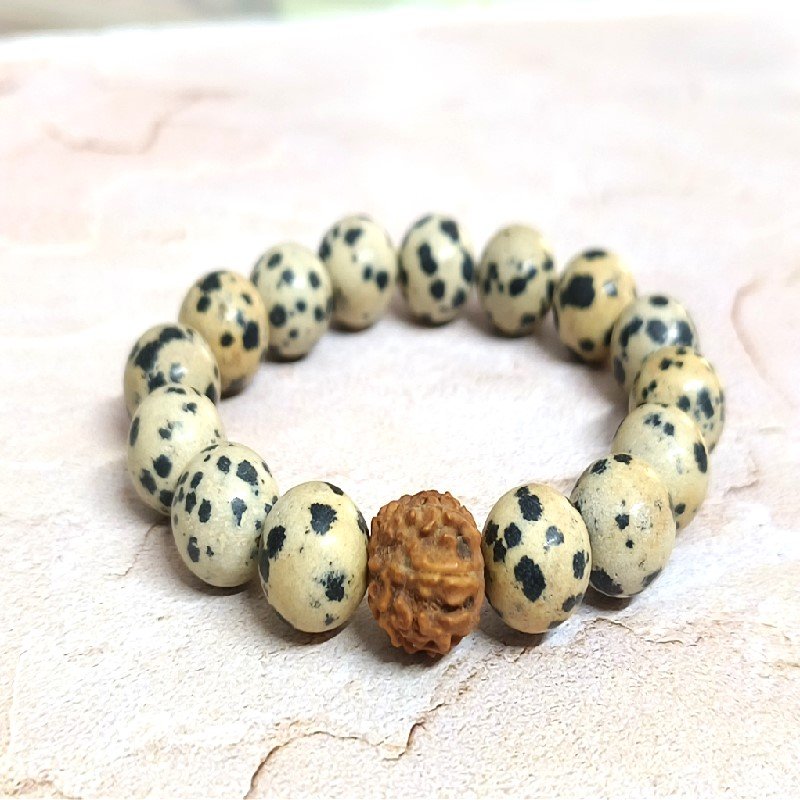 Dalmatian Jasper 12MM with Rudraksh Bead Bracelet for Happiness, Uplifting