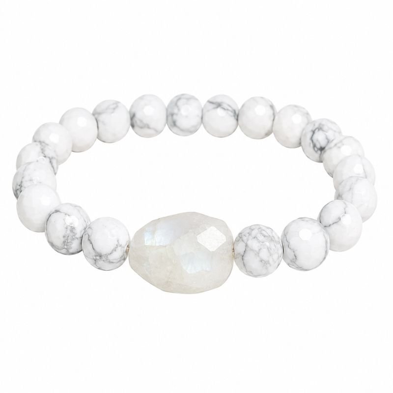 Howlite Moonstone Round Bead Bracelet with natural Moonstone tumble stone for calmness and intuition