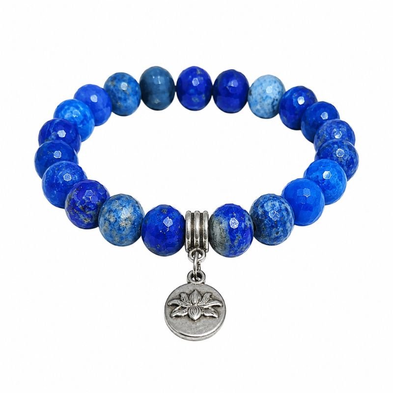Lapis Lazuli 10MM Bracelet with Lotus Charm for Wisdom & Intuition