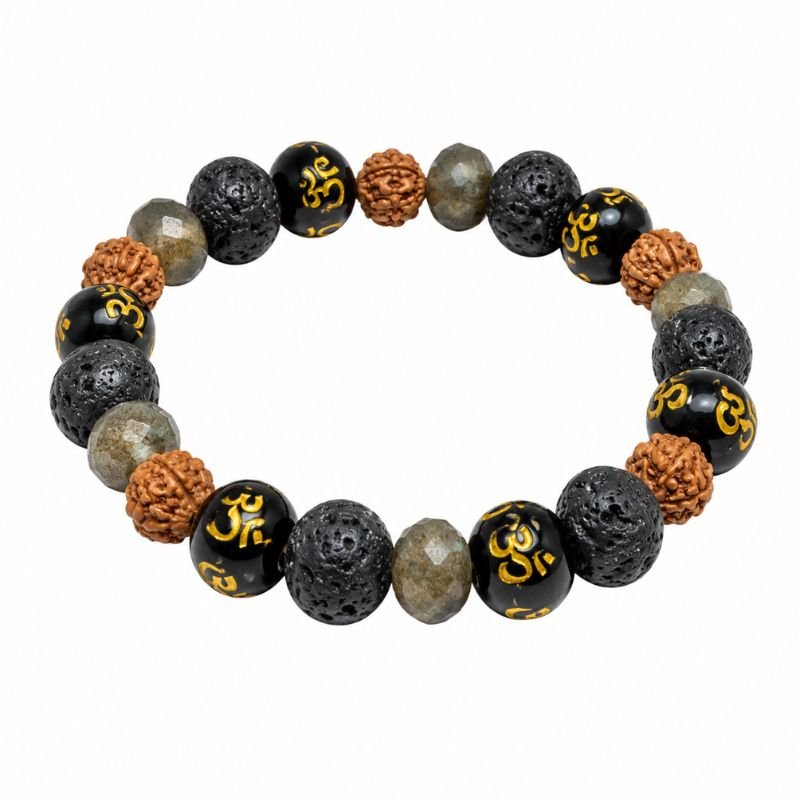 Lava Rudraksha Onyx Pyrite Mix 8MM Bracelet for protection, prosperity and inner strength