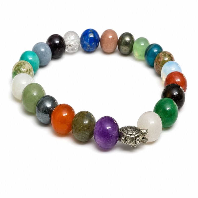 Multistone 7 Chakra 8MM Bracelet with Tortoise Charm made with natural chakra gemstones for balance, positive energy, stability, and spiritual well-being.