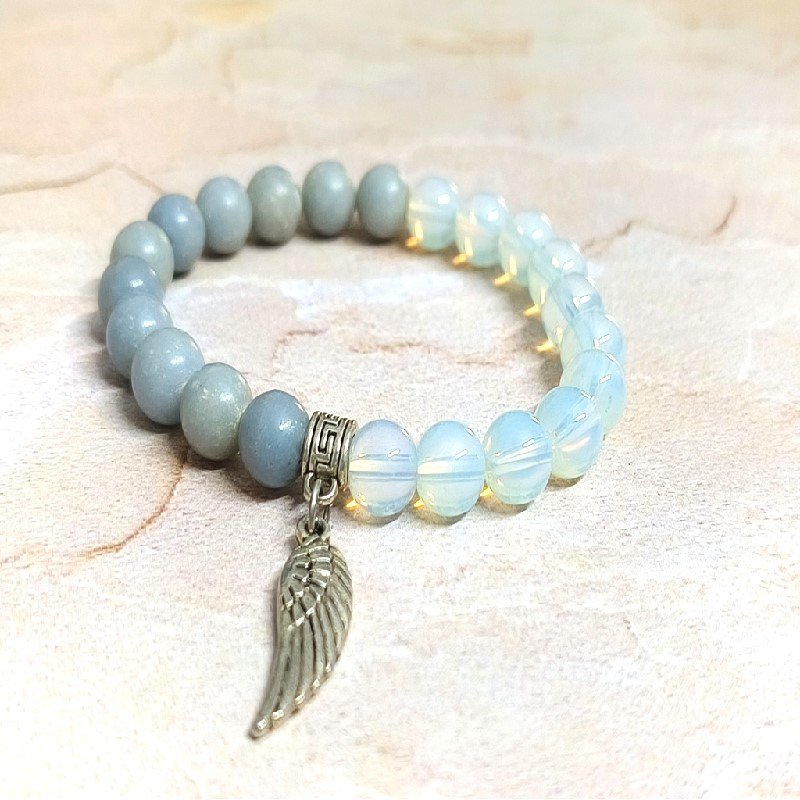 Opalite Angelite 8MM Half n Half with Wing Charm Bracelet for Guidance, Communication, Awareness