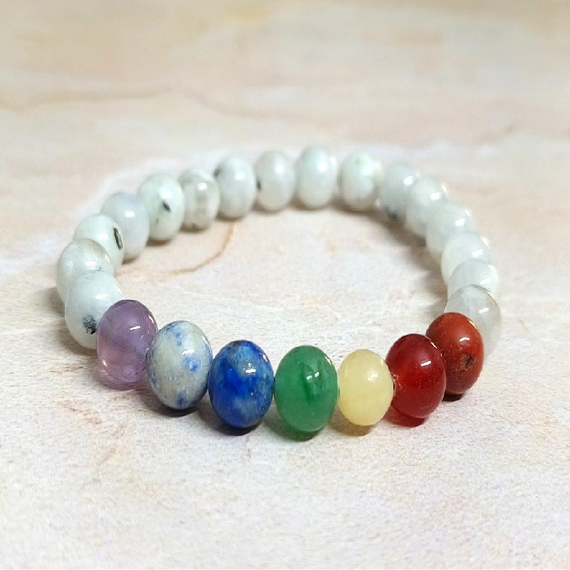 Rainbow Moonstone with 7 Chakra 8MM Bead Bracelet for New Beginnings, Transformation, Emotional balance