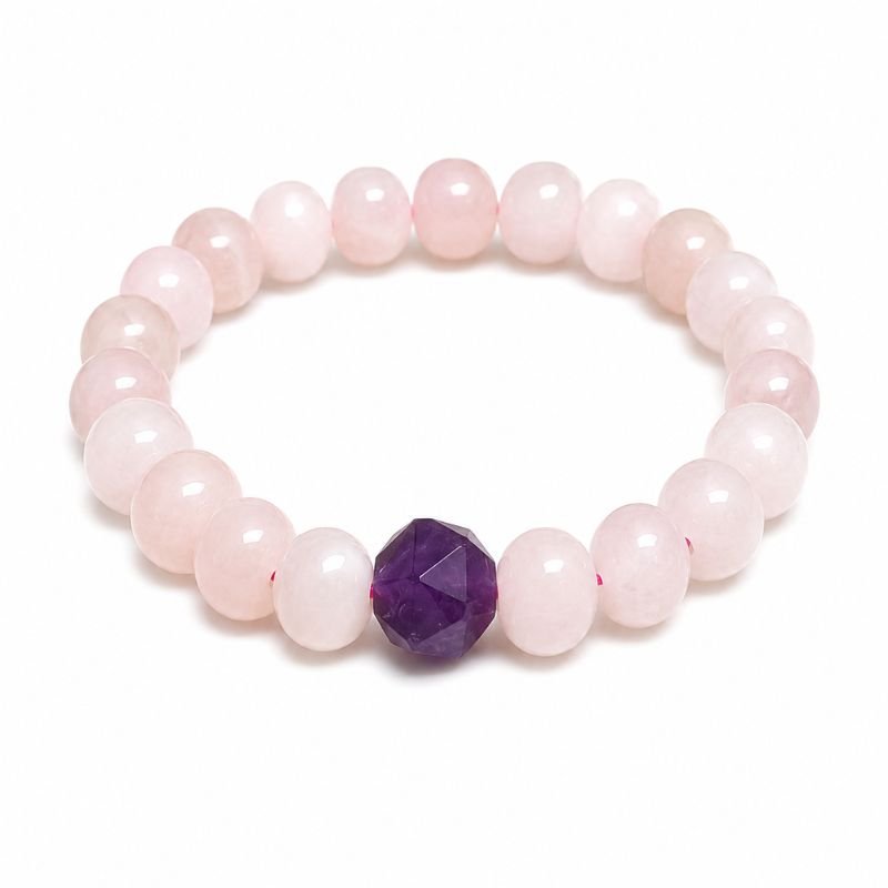 Rose Quartz & Amethyst 8MM Round Bead Bracelet with a central Amethyst bead for love, emotional healing, peace, and spiritual balance.