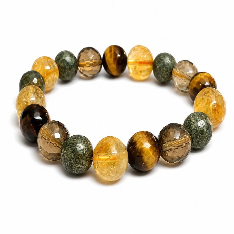 Solar Chakra 10MM Multistone Bracelet made with Citrine, Smoky Quartz, Pyrite, and Tiger Eye beads for confidence, motivation, abundance, and personal power.