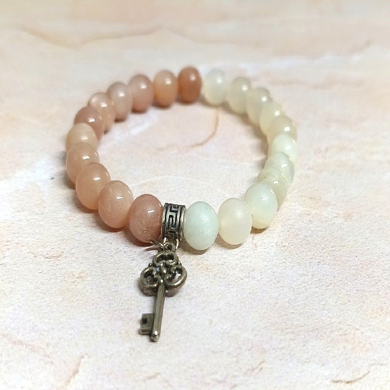 White & Peach Moonstone 8MM Round Bead with Key Charm Bracelet for Emotional balance, Creativity, Calming