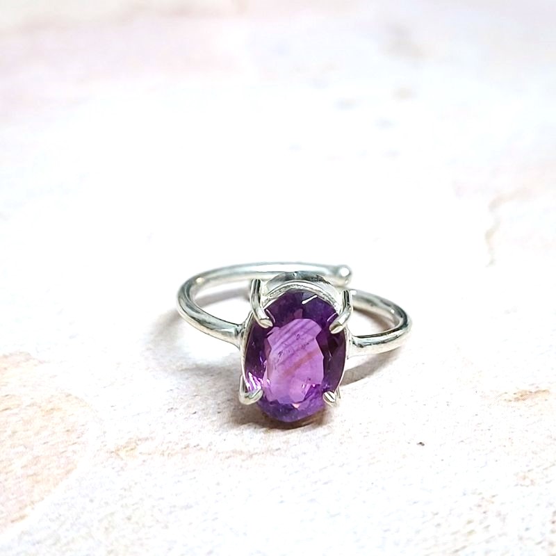 Amethyst Faceted German Silver Ring for Protection, Calming