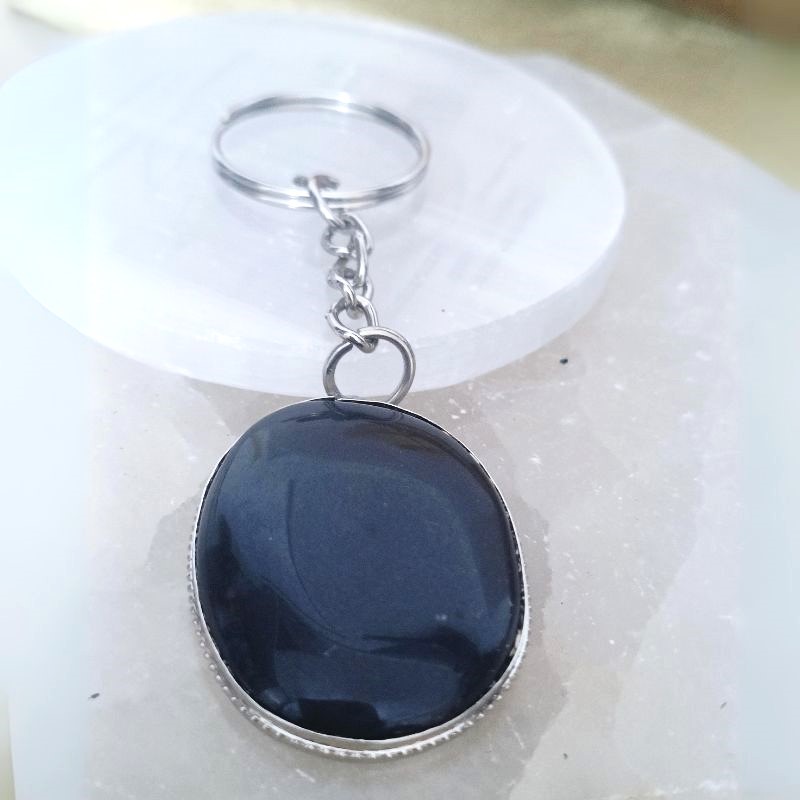 Black Tourmaline Oval Keychain for Grounding, Protection