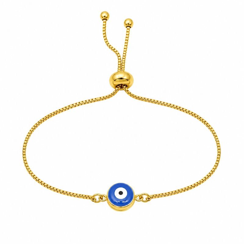 Blue Evil Eye Adjustable Chain Bracelet featuring a classic blue evil eye charm on a gold-tone adjustable chain symbolizing protection, positivity, good fortune, and spiritual well-being.
