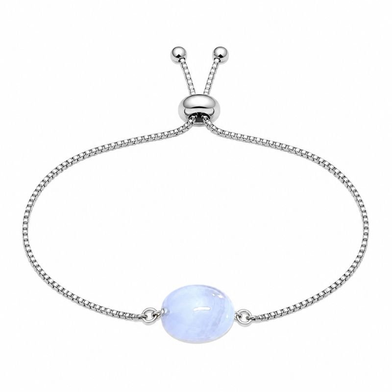 Natural Blue Lace Agate Bead Adjustable Chain Bracelet featuring a polished blue lace agate gemstone bead on a silver-tone adjustable chain for calm communication, emotional balance, and inner peace.