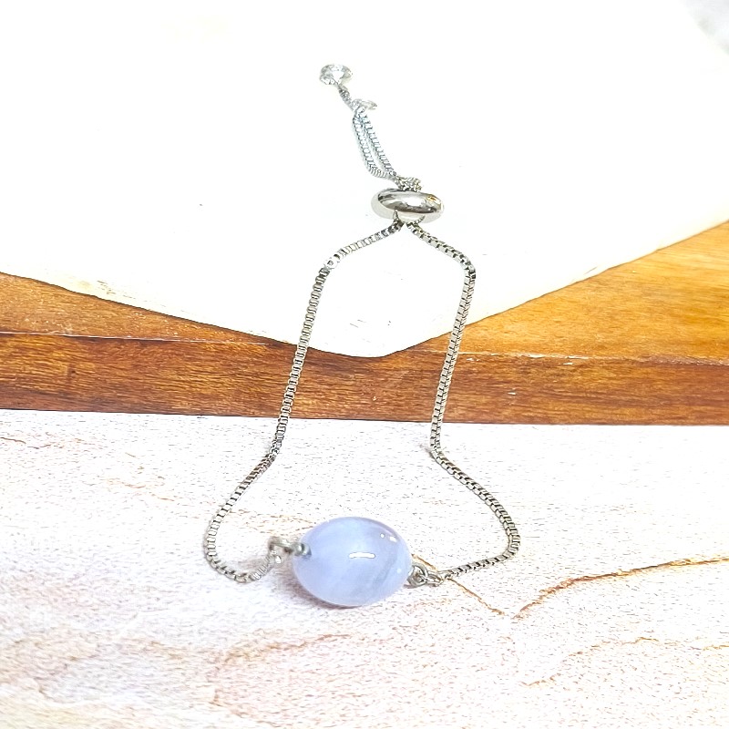 Blue Lace Agate Bead Adjustable Chain Bracelet for Communication, Calming