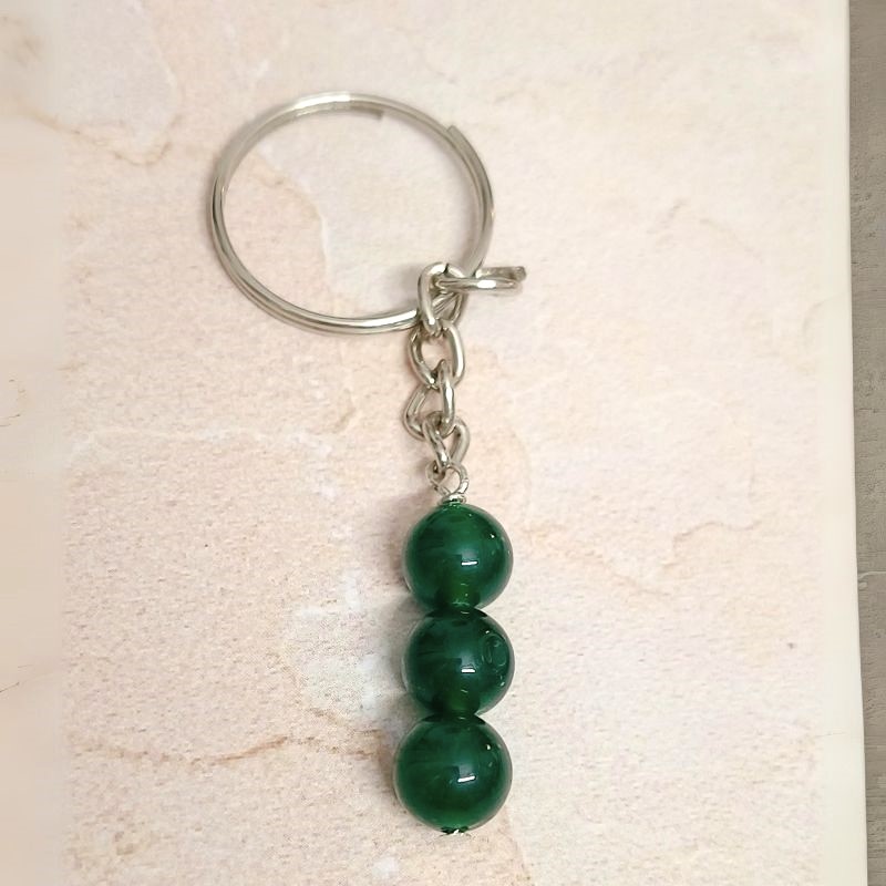 Green Jade 3 Bead Keychain for Love, Good Luck