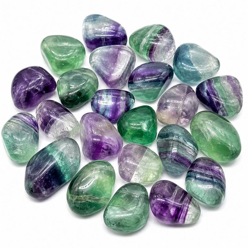 Natural polished Multi Fluorite Tumble Stones with green, purple, blue and clear banded patterns on a white background