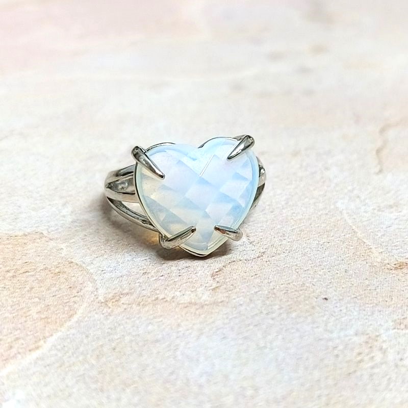 Opalite Heart Adjustable German Silver Ring for Aura cleansing, Awareness